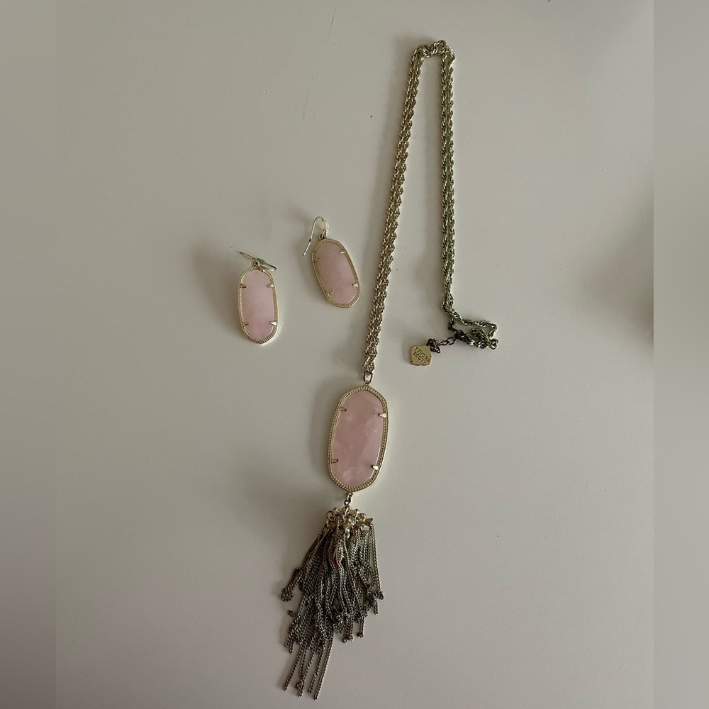 Kendra Scott Rae Long Pendant Necklace & Elle Gold Drop Earrings in Rose Quartz